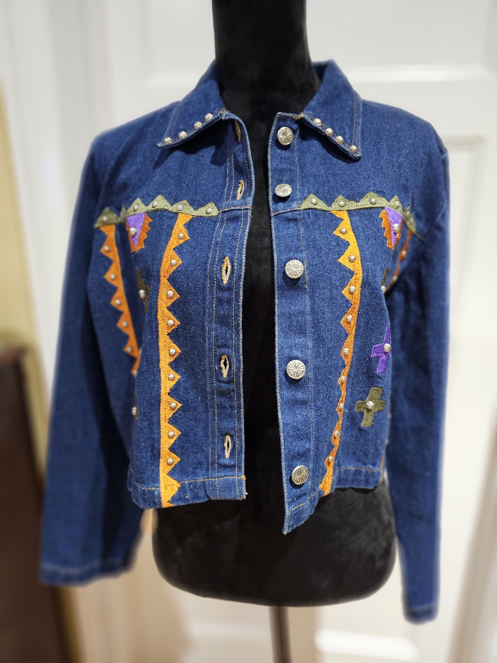 Denim Western Jacket with Multi-color Embroidery & Studs